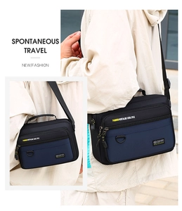 Close-up of durable Oxford fabric texture and metal D-ring buckle on men's crossbody bag