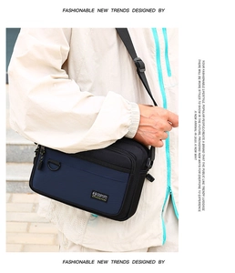 Detail of navy blue nylon crossbody bag featuring adjustable strap and front zipper pocket