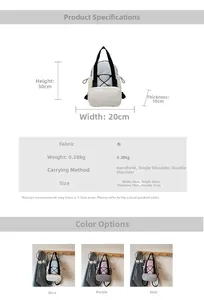 Detailed size specifications for canvas backpack with 30x20x10cm dimensions and multi-colors
