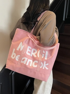 Minimalist pink canvas tote bag with MERCI print, large capacity Korean shoulder bag