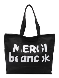 Large black canvas tote bag with white MERCI lettering for daily commuting use