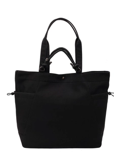 Large black canvas tote bag with dual straps and side drawstring pockets for daily commute
