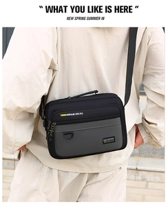 Detail of multi-layer Oxford fabric men's crossbody bag with black and gray stitching