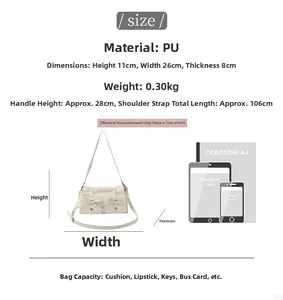 Detailed size chart for white PU shoulder bag with bow, showing dimensions and capacity