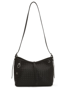 Black woven leather hobo shoulder bag with silver M charm and sleek minimalist design