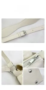 Detailed views of cream shoulder bag with adjustable strap and silver metal hardware