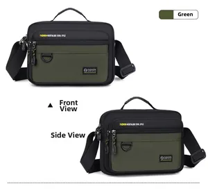 Front and side views of the green casual men's oxford shoulder bag with fashion label