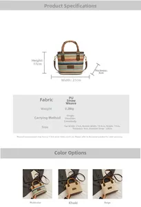 Detailed size chart for straw woven bucket bag with bamboo handle and PU dimensions