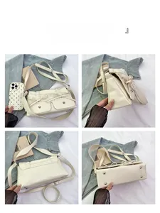 Detail view of cream-white pleated handbag with bows from four different angles