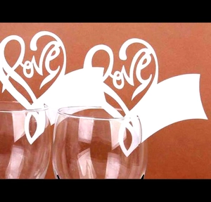 Laser-cut white heart cup card with Love lettering for wedding glass decoration