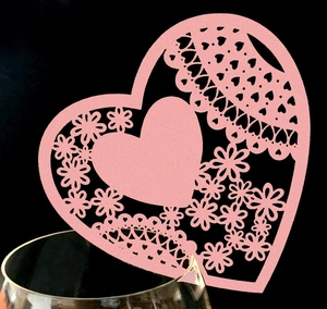 Pink heart laser-cut wine glass card with floral patterns for weddings and parties