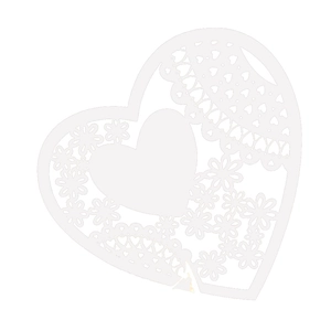 Intricate laser-cut heart place card with daisy patterns for wedding wine glasses