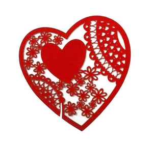 Laser-cut red heart wine glass cards for weddings with intricate floral lace patterns