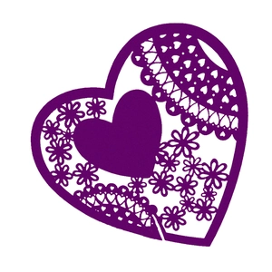 Purple laser-cut heart place card with intricate floral patterns for weddings and events