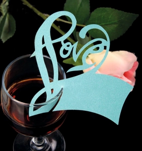 Laser cut light blue heart Love place cards for wine glasses at wedding events