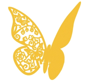Sticker mural papillon 3D jaune avec motifs ajourés élégants et découpe précise au laser