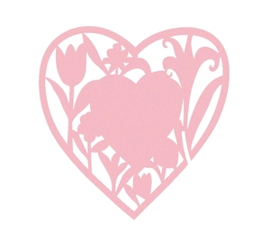 Pink heart-shaped laser-cut place cards for wine glasses featuring tulip floral patterns