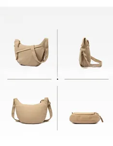 Detailed views of a khaki corduroy crescent crossbody bag showing various angles