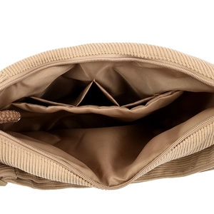 Large beige corduroy crossbody bag with interior compartments and smooth lining