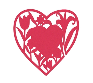 Hollow heart-shaped red paper wine glass place cards with intricate floral cutout patterns