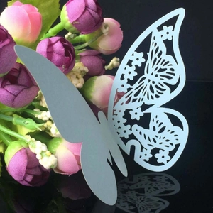 Laser cut light blue butterfly place cards with hollow floral pattern for weddings