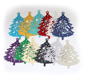 Laser-cut Christmas tree place cards in 12 colors for holiday table decoration