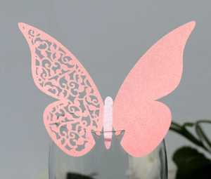 Pink glitter laser-cut butterfly place card for wine glass wedding table decoration