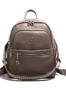 Taupe pebbled leather backpack with silver zippers and stylish patterned wide strap