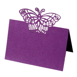 Elegant deep purple butterfly laser-cut table card for weddings and formal parties