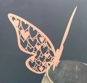 Pink butterfly wine glass card with hollow heart pattern for wedding table decoration