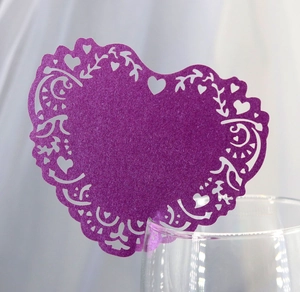 Pink heart-shaped laser-cut place card with glitter finish for wedding glass decoration