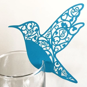 Elegant blue hummingbird laser-cut place cards for glass rims at festive parties