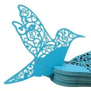 Laser-cut light blue bird wine glass place cards with heart pattern for wedding decor