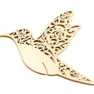 Detail of laser-cut hummingbird place card with intricate hollow vine patterns