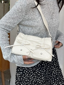 Women Pleated Bow Shoulder Bag Minimalist PU Leather Crossbody Bag Solid Color Metallic Silver Pink Cream Handbag Fashion Bag