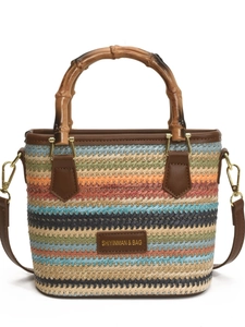 Sac de plage en paille tressé coloré avec poignées en bambou et style bohème rayé