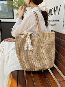 Women Large Capacity Straw Woven Tote Bag Summer Beach Vacation Handbag With Lace Bow Knot Casual Khaki Shoulder Bag