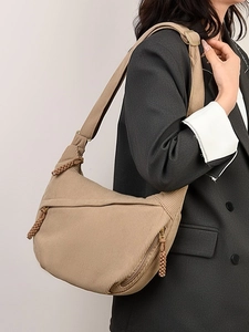Khaki corduroy large capacity croissant bag with wide adjustable shoulder strap for women
