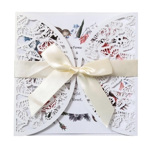 Laser Cut Butterfly Wedding Invitations Artificial Pearl Paper Invitation Shell And Inner Card And Envelope And Satin Ribbon Bow