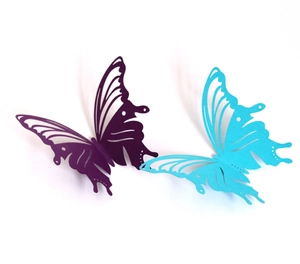 3D hollow laser-cut butterfly wall stickers in purple and teal for wedding decor