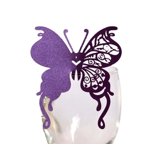Laser cut purple butterfly wine glass name cards for wedding table decorations