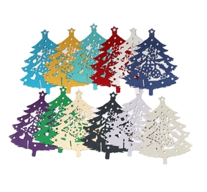 Set of 12 hollowed Christmas tree place cards for wine glasses in diverse vibrant colors