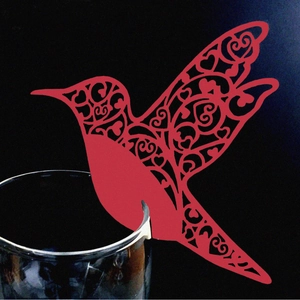 Laser cut red hummingbird place cards with heart patterns for wine glass decoration