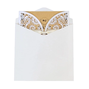 Laser cut lace wedding invitation set with cream ribbon and kraft paper insert card
