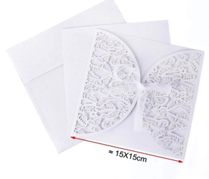 Laser cut white butterfly wedding invitation set with ribbon and envelope 15x15cm