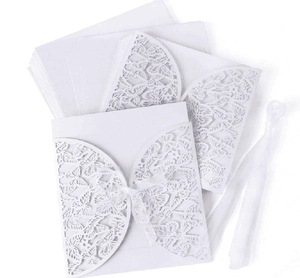 White laser cut butterfly invitation set with hollow lace cover and white ribbon