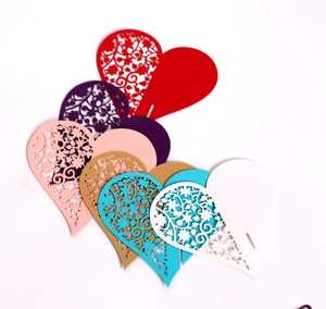 Laser cut heart shaped paper cards with floral hollow patterns in six assorted colors