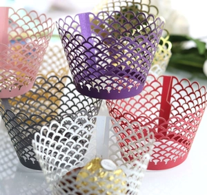 Laser cut lace cupcake wrappers with fish scale pattern in multiple elegant colors