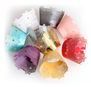 Lace laser cut cupcake wrappers in eight assorted colors for elegant party decoration
