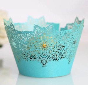 Tiffany blue laser-cut flower lace cupcake wrappers with intricate floral patterns